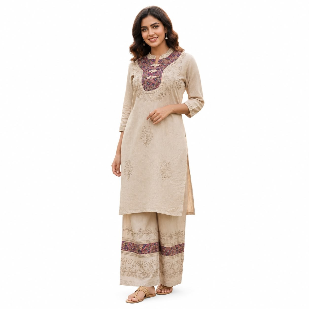 Beige Embroidered Kurta Set for Women | Cotton Straight Kurti with Palazzo Pants