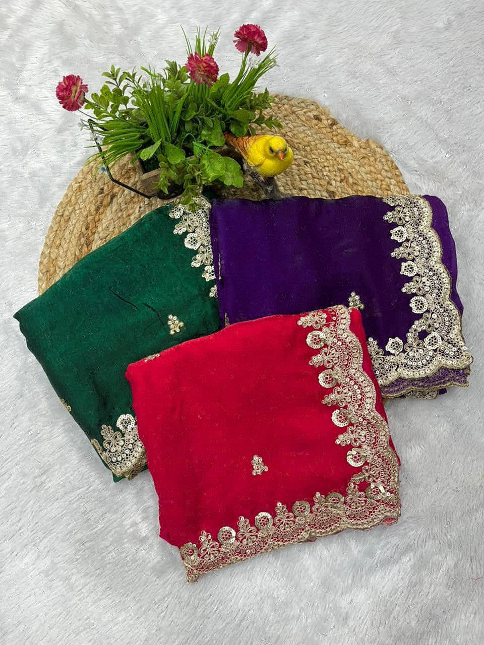 Women Fendi Satin Silk Saree Zari & Sequin Work Eid Ramadan Party Wear Sari