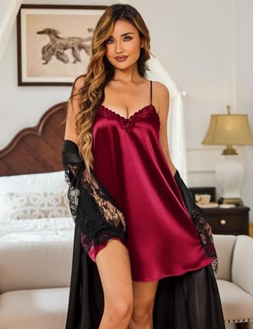 Nightgowns for Women Silk Satin Lingerie Lace Sleeveless Night Medium Red