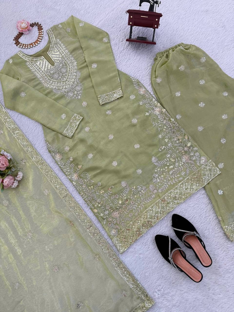 Stylish Heavy Silk Pista Green Top Palazzo With Dupatta For Indian Party Wear