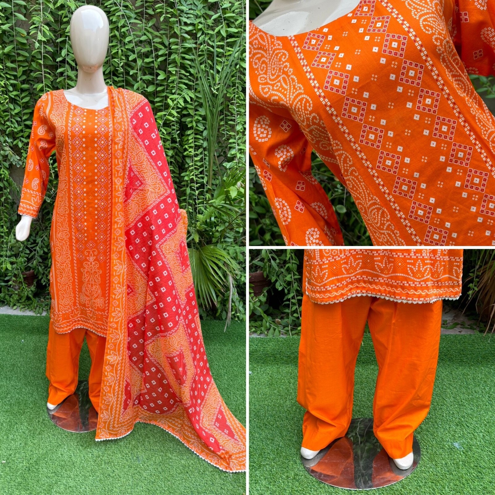 Pakistani Chunri Print Orange Straight Shirt 3-PCS Lawn dress ,XL