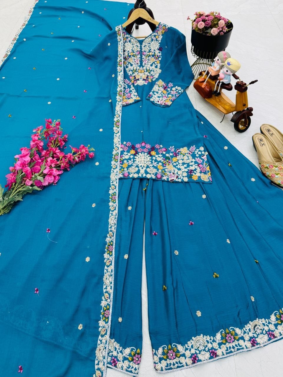 Stunning Look Blue Chinon Silk Palazzo Suit And Dupatta For Ethnic Wear