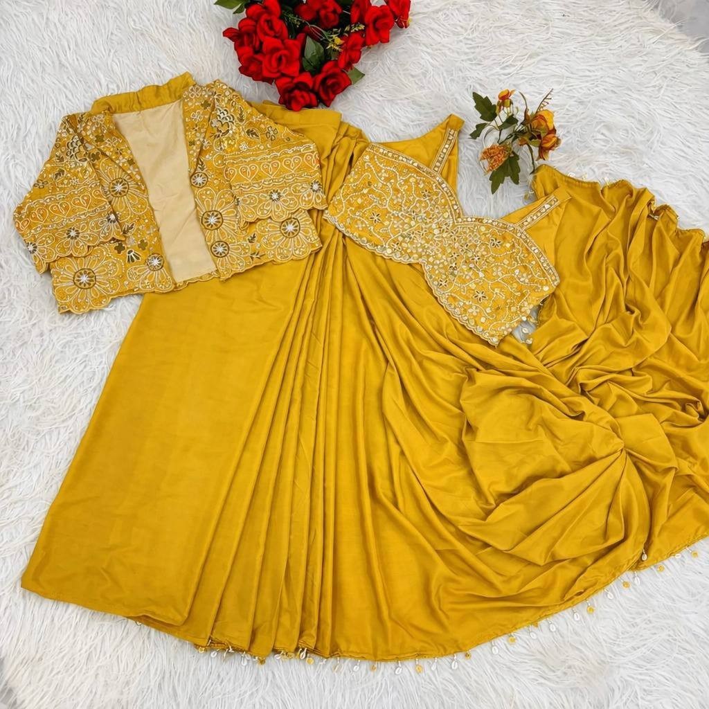 Indian Designer Ready to Wear Saree Heavy Crepe Silk Embroidered Koti Set