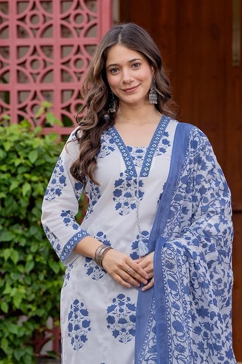 Women’s Pure Cotton Printed Straight Kurta Set with Palazzo Pants & Dupatta