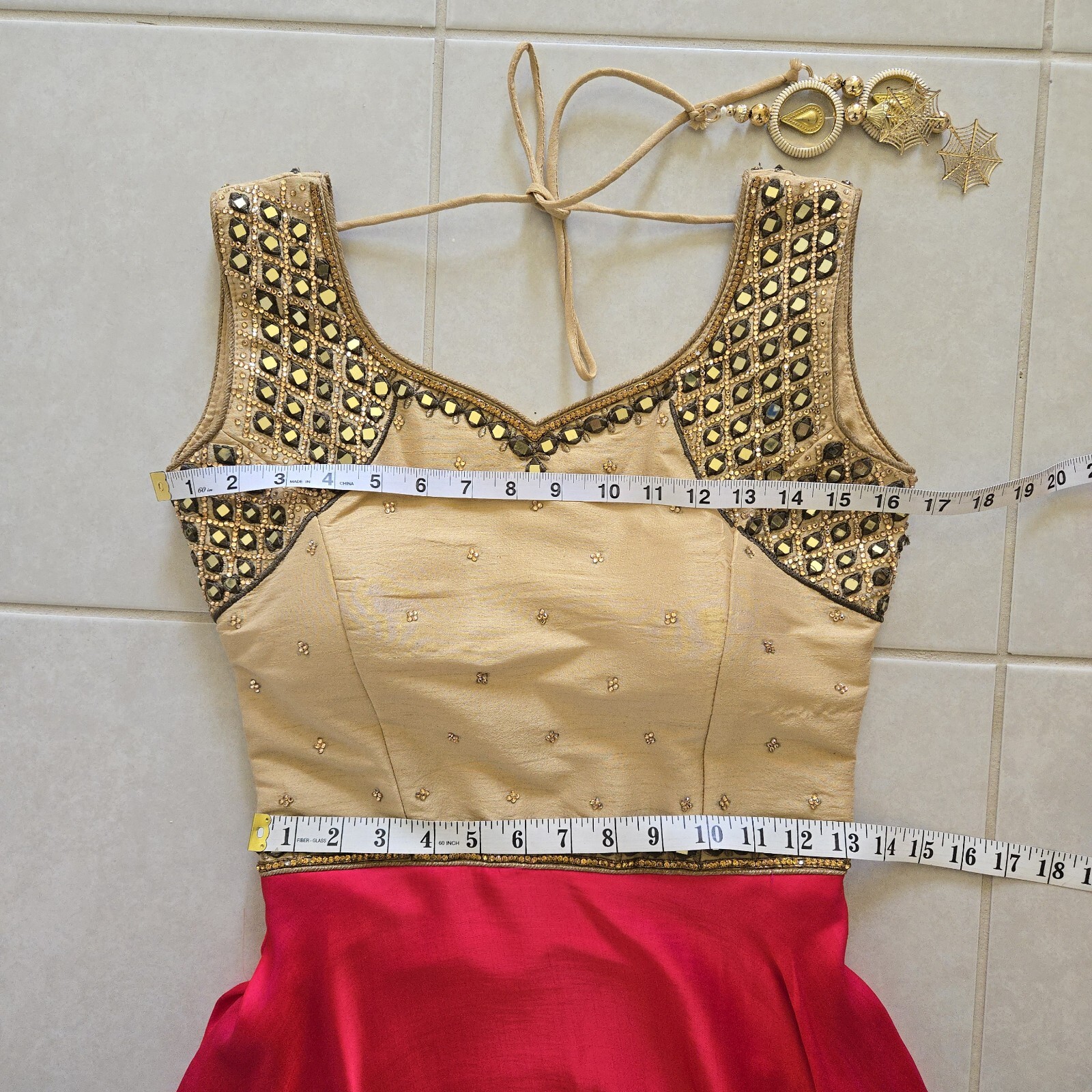 3 piece ruby red gold beige satin anarkali champagne mirror work size S small