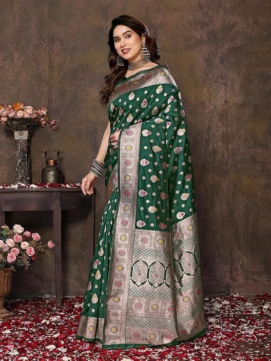 Women’s Banarasi Kanjivaram Cotton Silk Saree With Unstitched Blouse Material