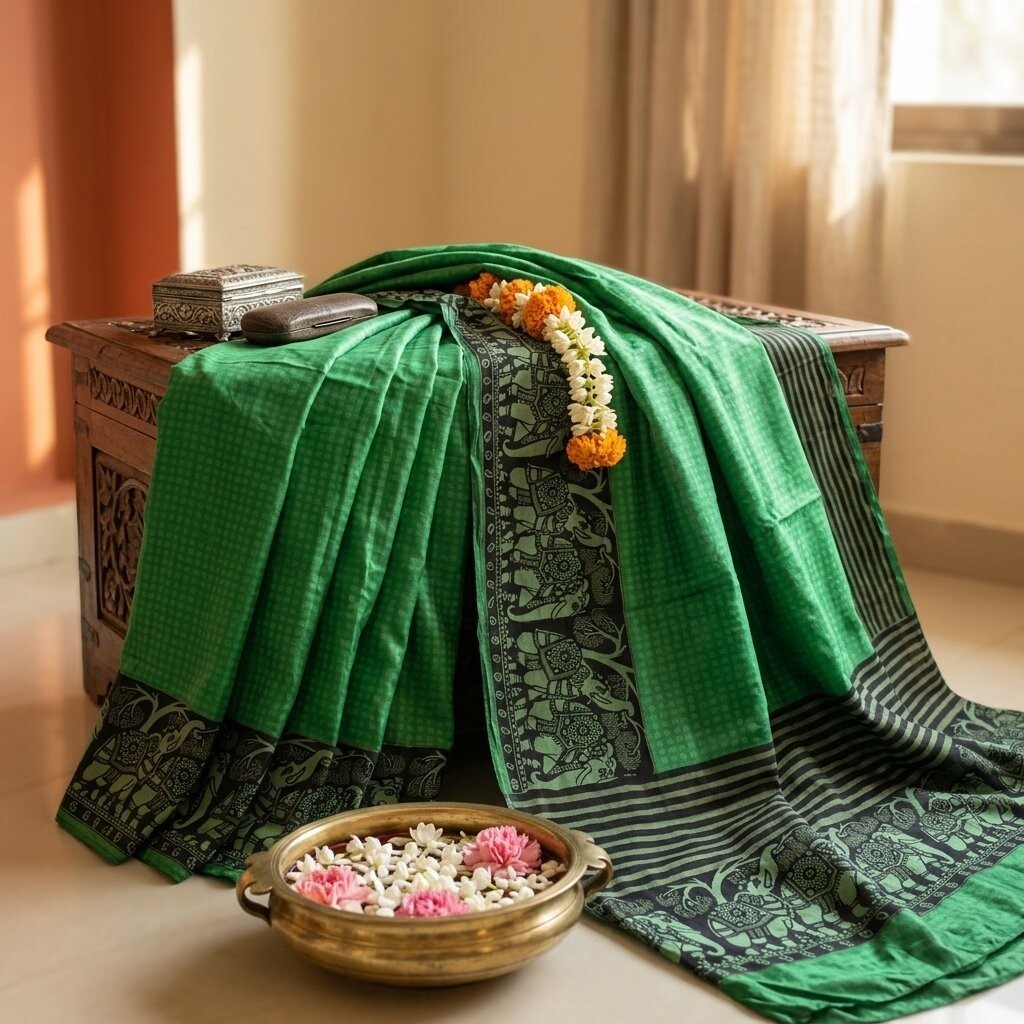 Sanskriti Vintage Saree Green Pure Mulberry Silk Elephant Print Sari 5+Yd Fabric
