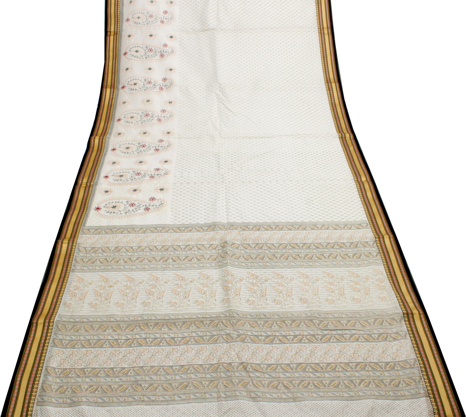 Sushila Vintage White Saree Blend Cotton Printed & Hand Embroidered Sari Fabric