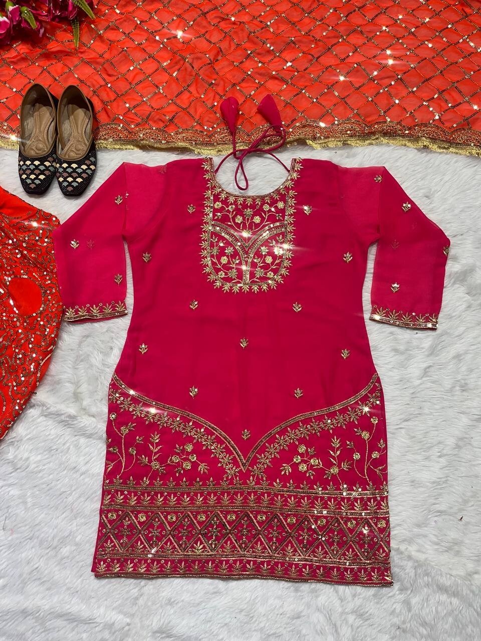 Ethnic Look Faux Georgette Pink Top Dhoti With Dupatta For Functional Wear