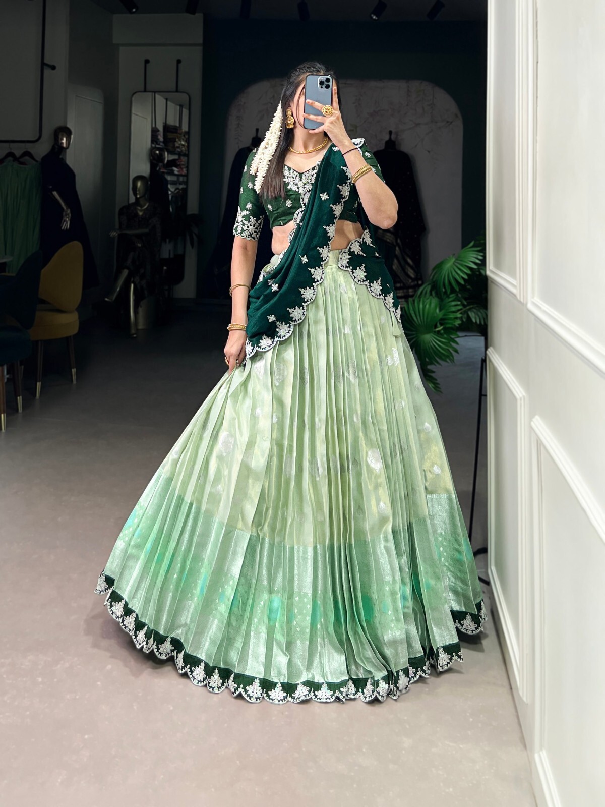 Latest Zari Kota Pista Green Lehenga Choli With Dupatta For Traditional Wear