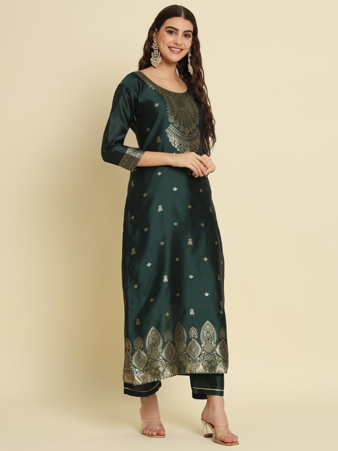 Women’s Cotton Silk Jacquard Kurta Pant Set with Banarasi Silk Dupatta