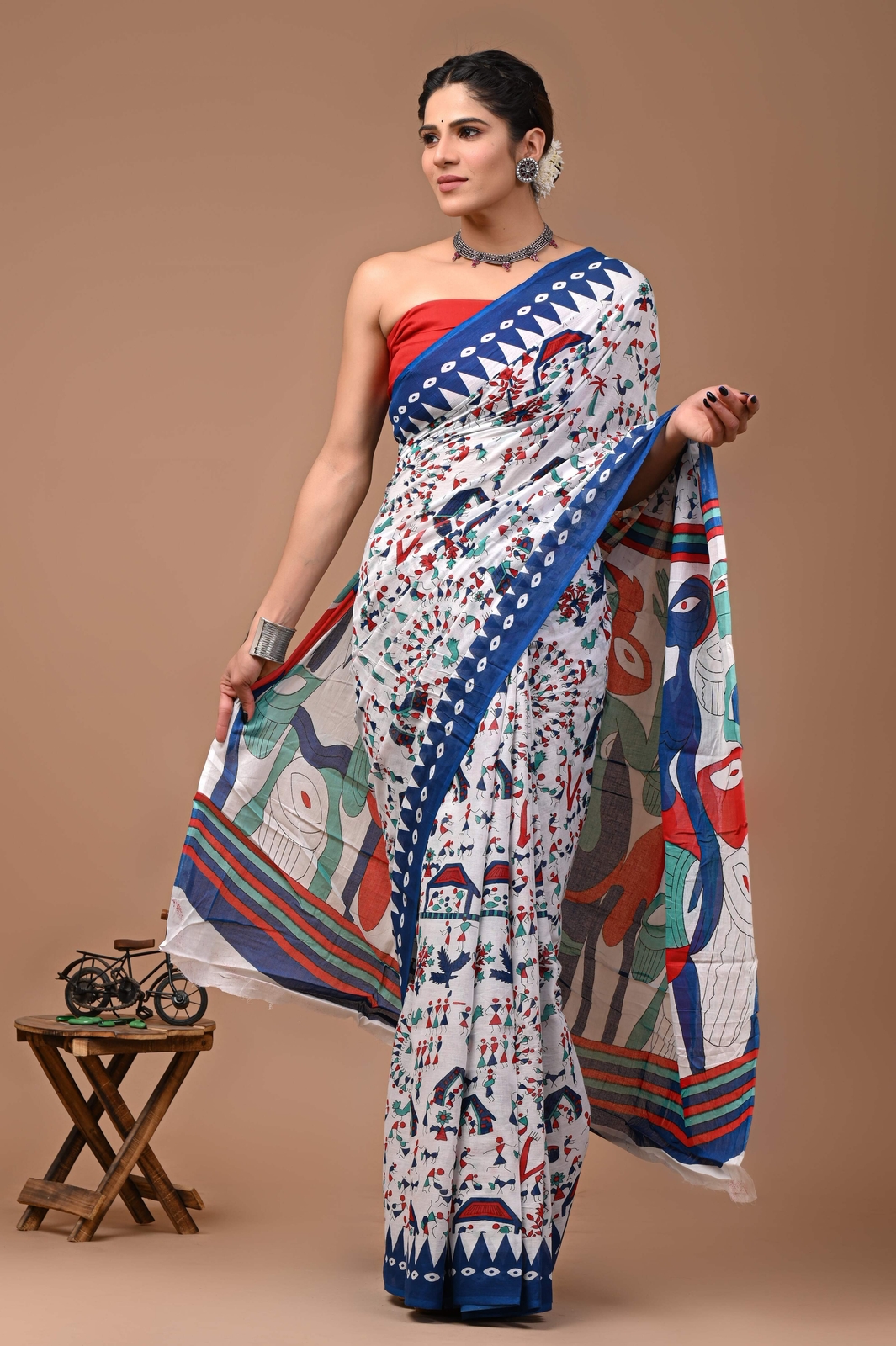 Indian Printed White Pure Cotton Mulmul Saree With Blouse, 5.50 Meter Sari