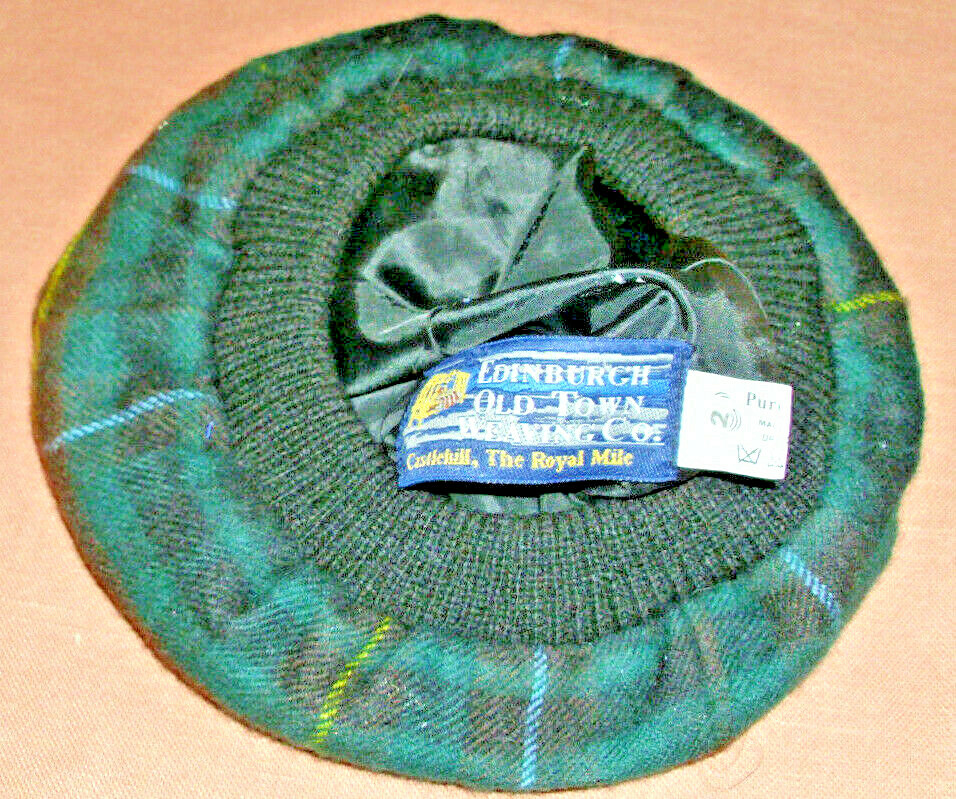 Edinburgh Tartan Plaid Tam Hat 100% Wool Pom Pom Made in Scotland Size 2