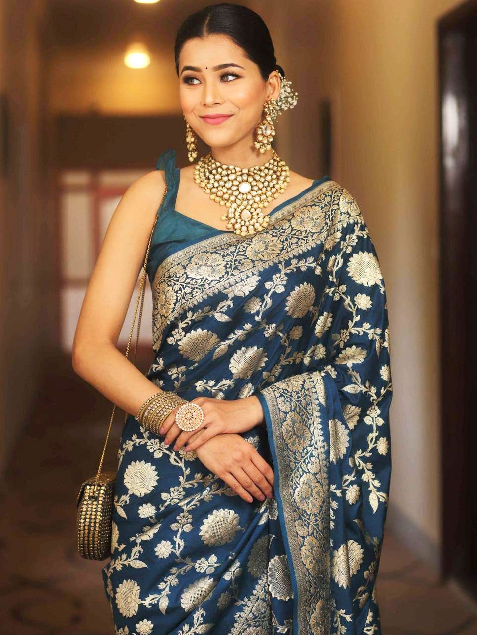 Indian Wedding Saree Soft Silk Jacquard Bridal Wear Saree with Brocade Blouse