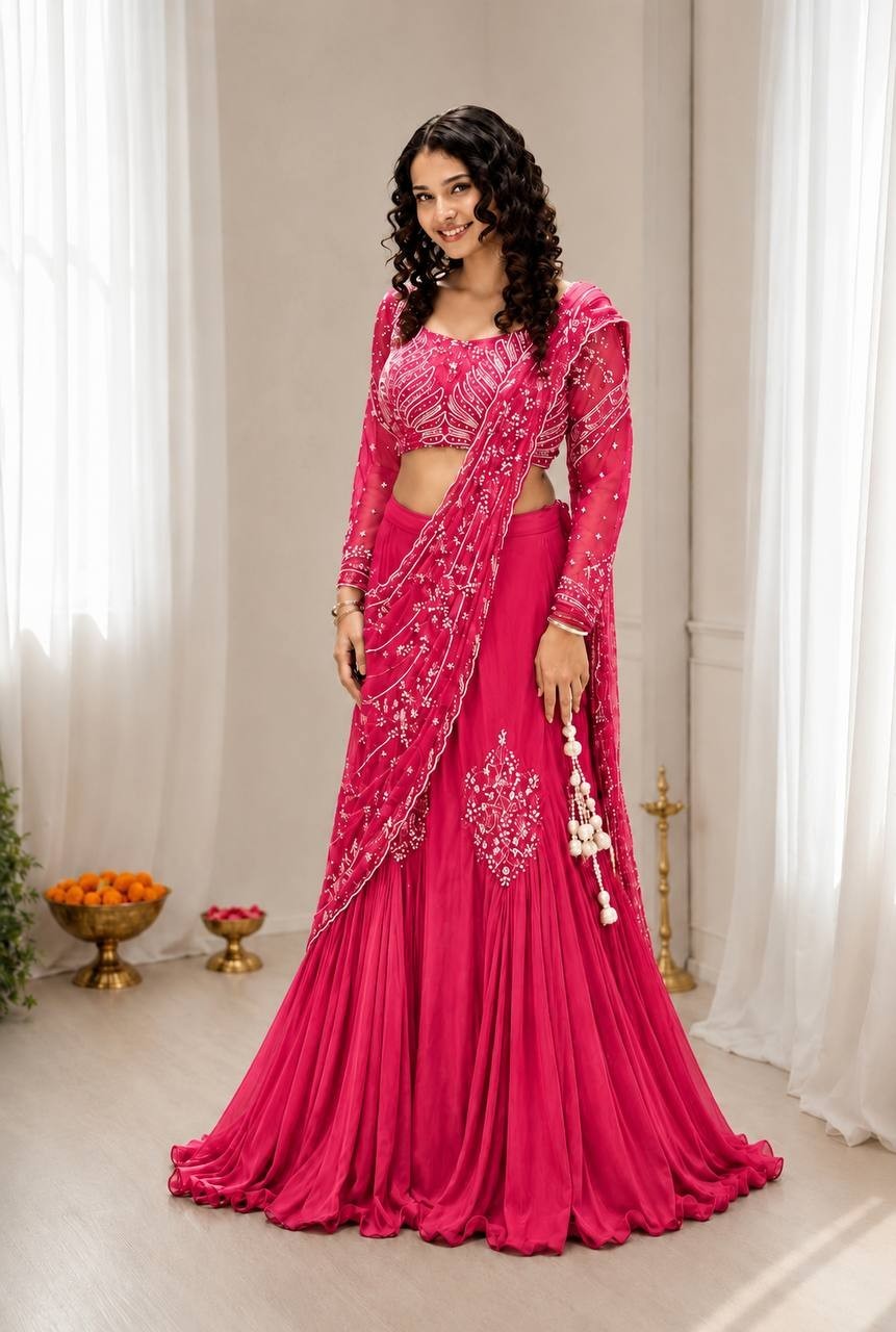 Women’s Chinon Silk Lehenga Style Saree Attached Pallu Sequins Embroidery Blouse