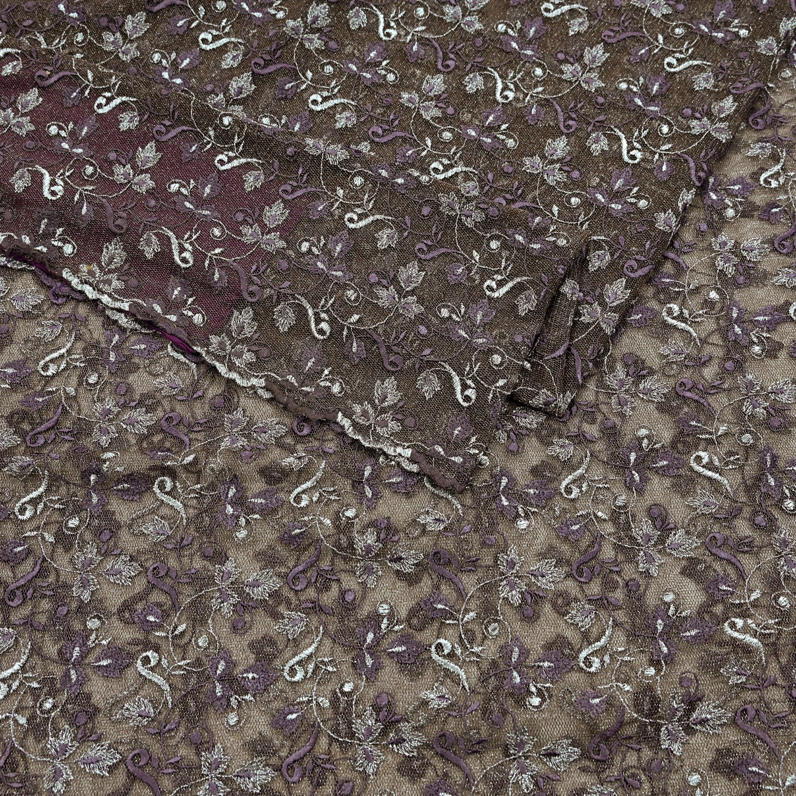 Indian Vintage Brown Saree Net/Mesh Embroidered Sari Craft Fabric Floral 5Yd