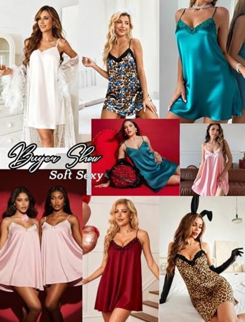 Nightgowns for Women Silk Satin Lingerie Lace Sleeveless Medium Navy Blue