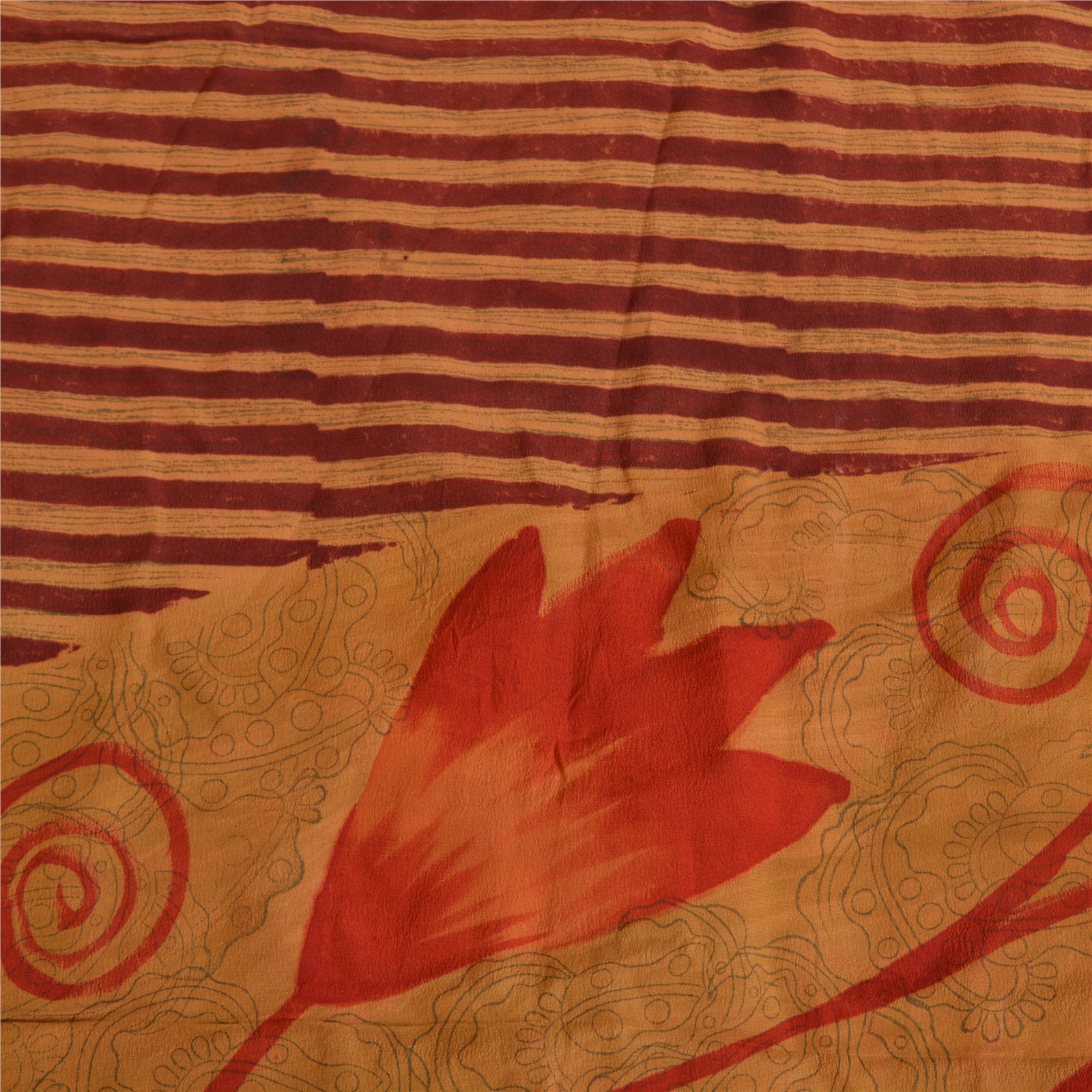 Sanskriti Vintage Sarees Red/Green Pure Crepe Silk Printed Sari 5Yd Craft Fabric