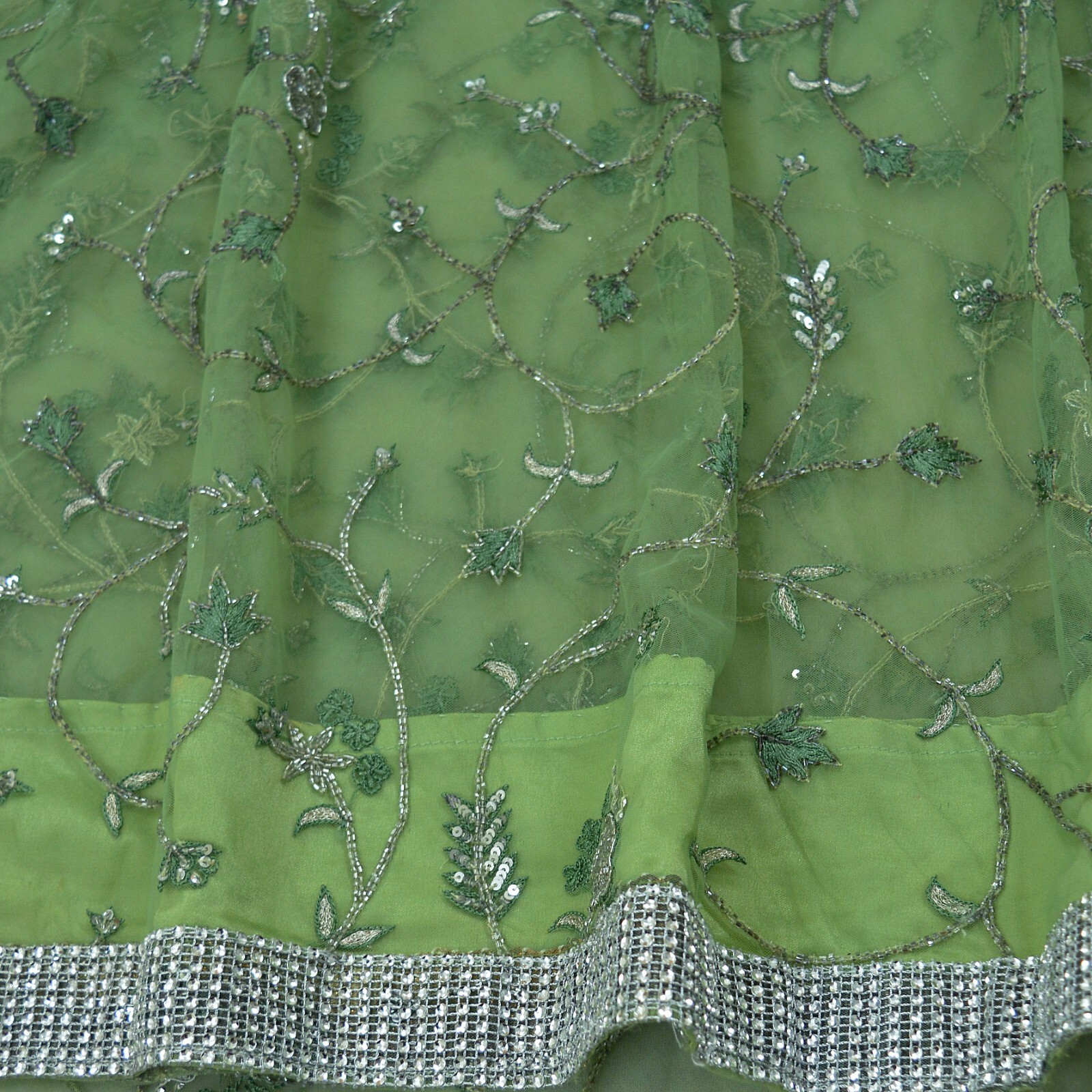 Vintage Heavy Saree Green Net/Mesh Hand Embroidered Sari Fabric 5Yd Sewing Dabka