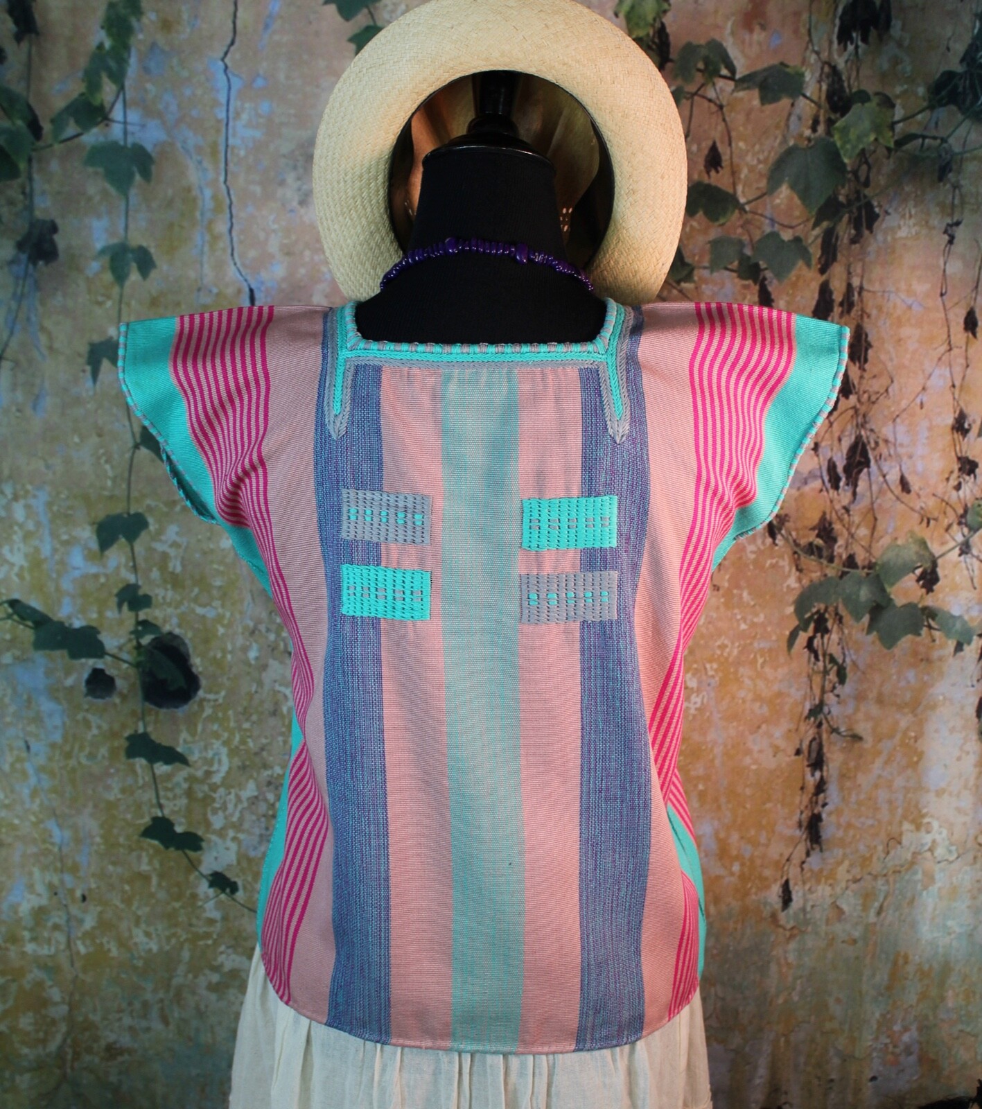 Huipil Top Stripes Handwoven Backstrap Loom Oxchuc Mayan Chiapas Mexico Fiesta