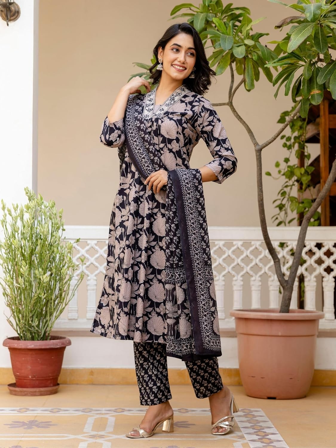 Women’s Pure Cotton Block Printed Ethnic Wear Kurta Set with Palazzo & Dupatta