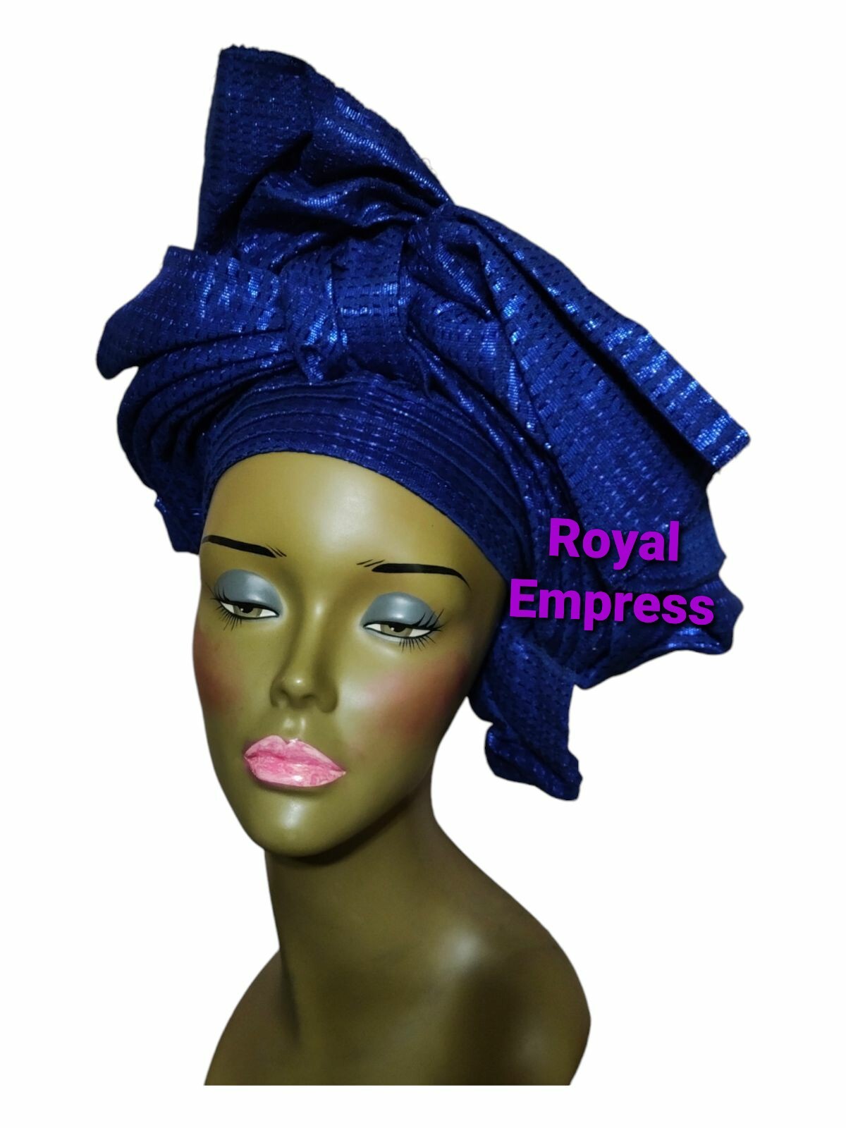 Aso-Oke African Headtie Auto Gele, Royal Blue Empress headwear