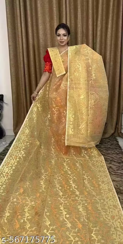 Traditional Bengali Handmade Jamdani Saree With Unstitched Bloused Wedding Wear