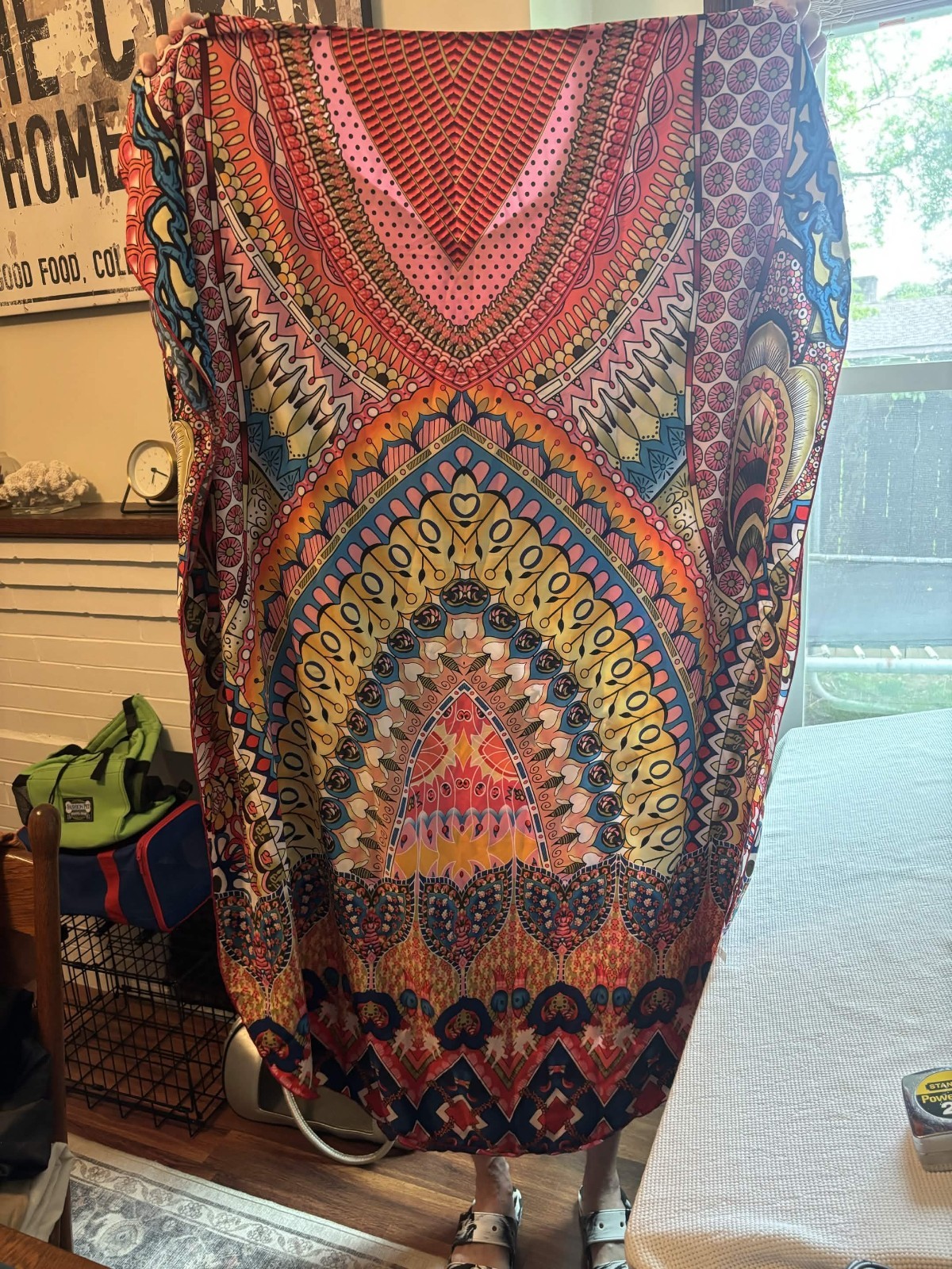 Silk Pullover Long Dress Pink Red Yellow Geometric Tribal Women’s Casual