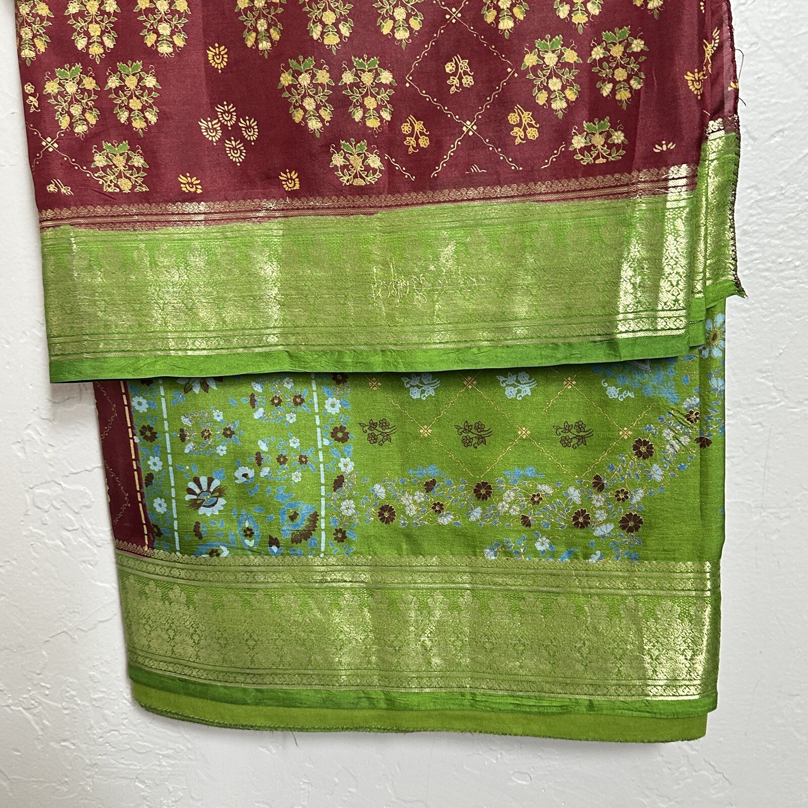 Vtg Indian Saree Choli Dress Top Set M Silk Lime Green Wine Gold Floral Metallic