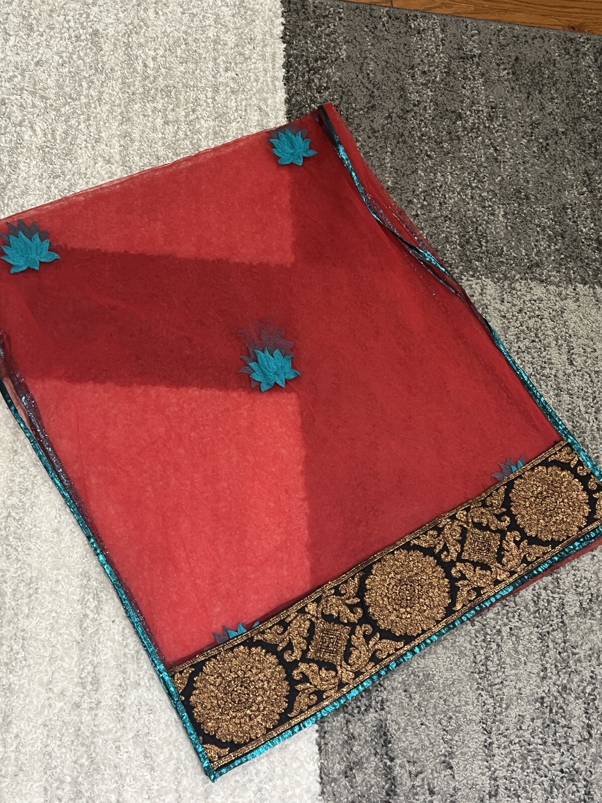 3pc Embroidered Anarkali Suit Red & Teal Floral Paisley Velvet Accents Womens XS