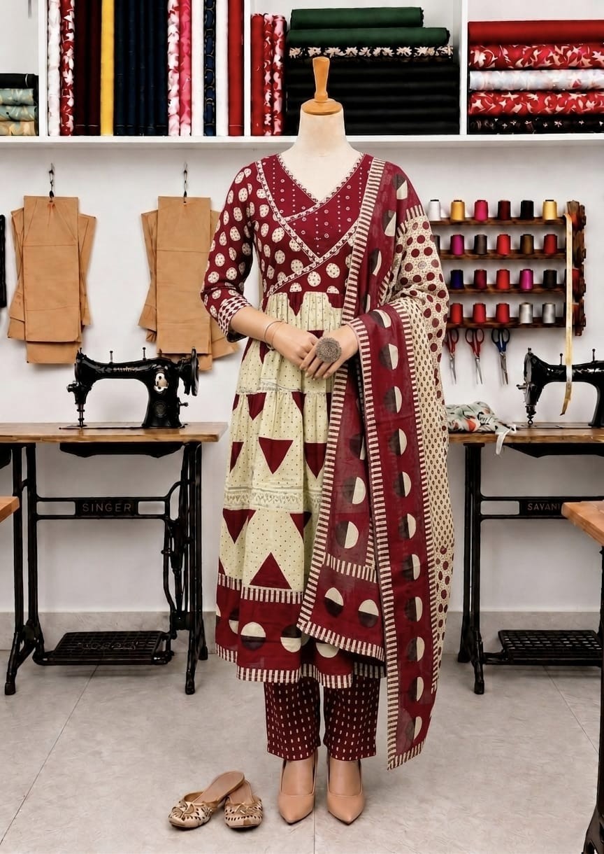 Anarkali gown Ethnic wear Cotton Kurta Pant Duppta Dress Set, Long Gown Suit