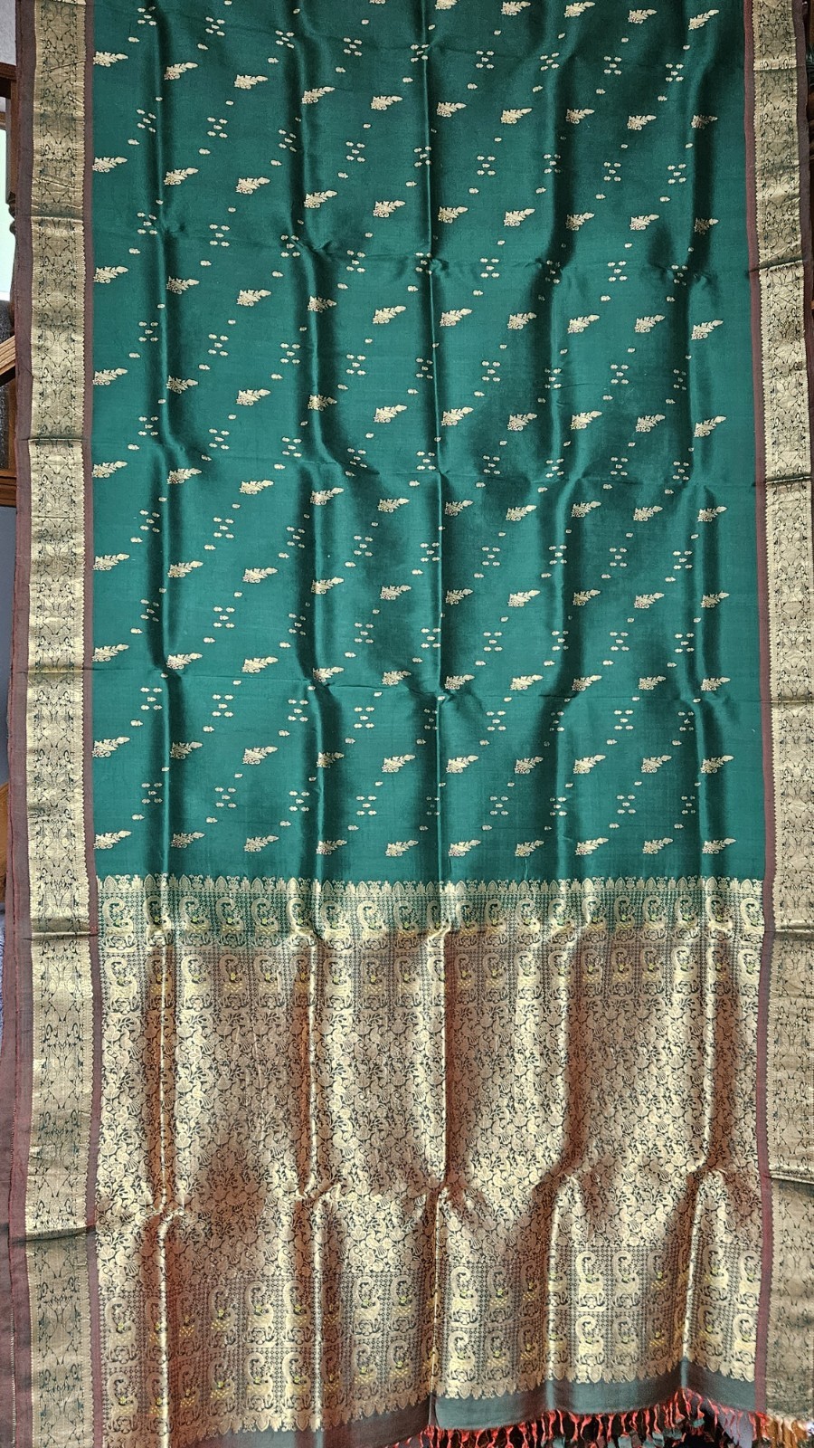 Royal Vintage Gold Brown & Emerald Pure Silk Saree