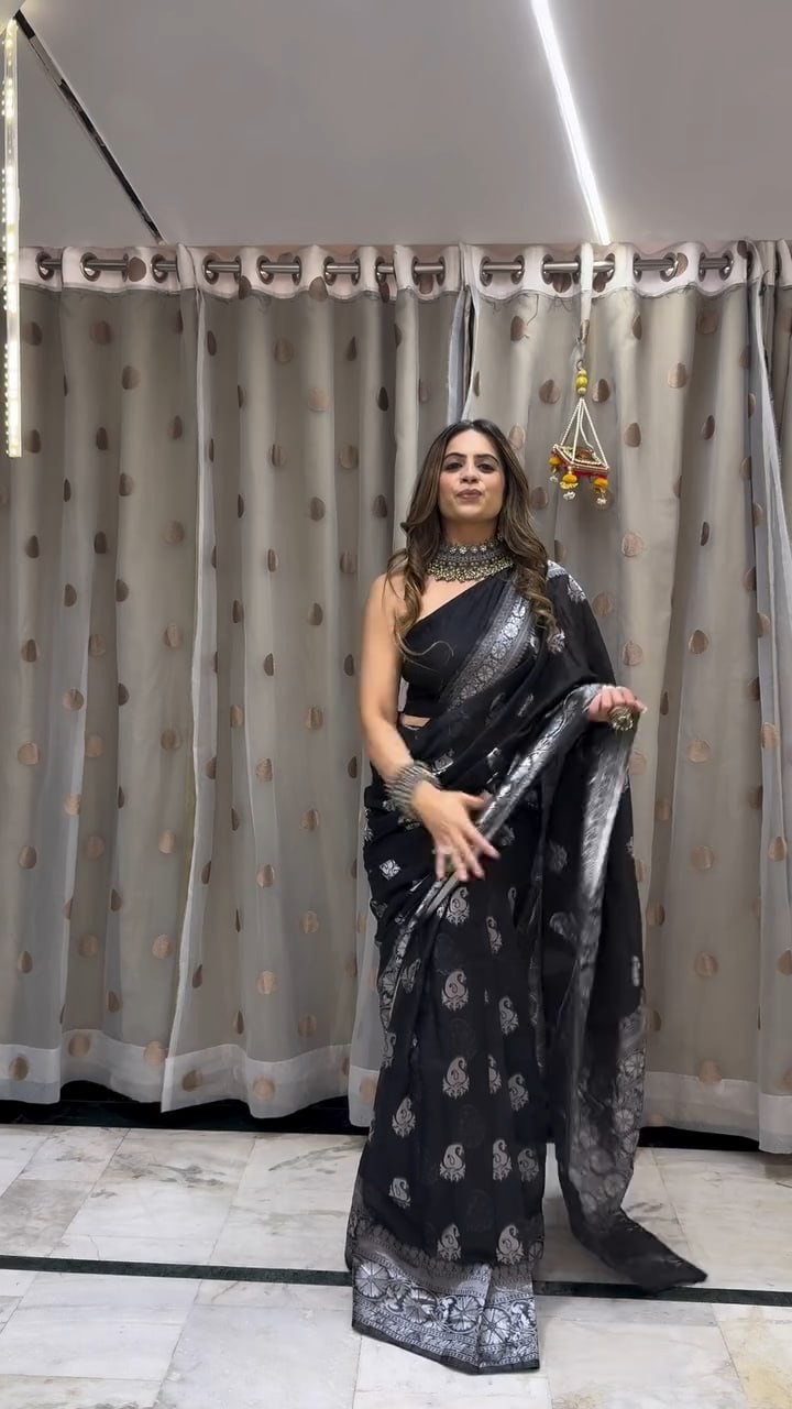 Elegant Black Silk Saree Indian Sari Women Party Wedding Traditional Outfit