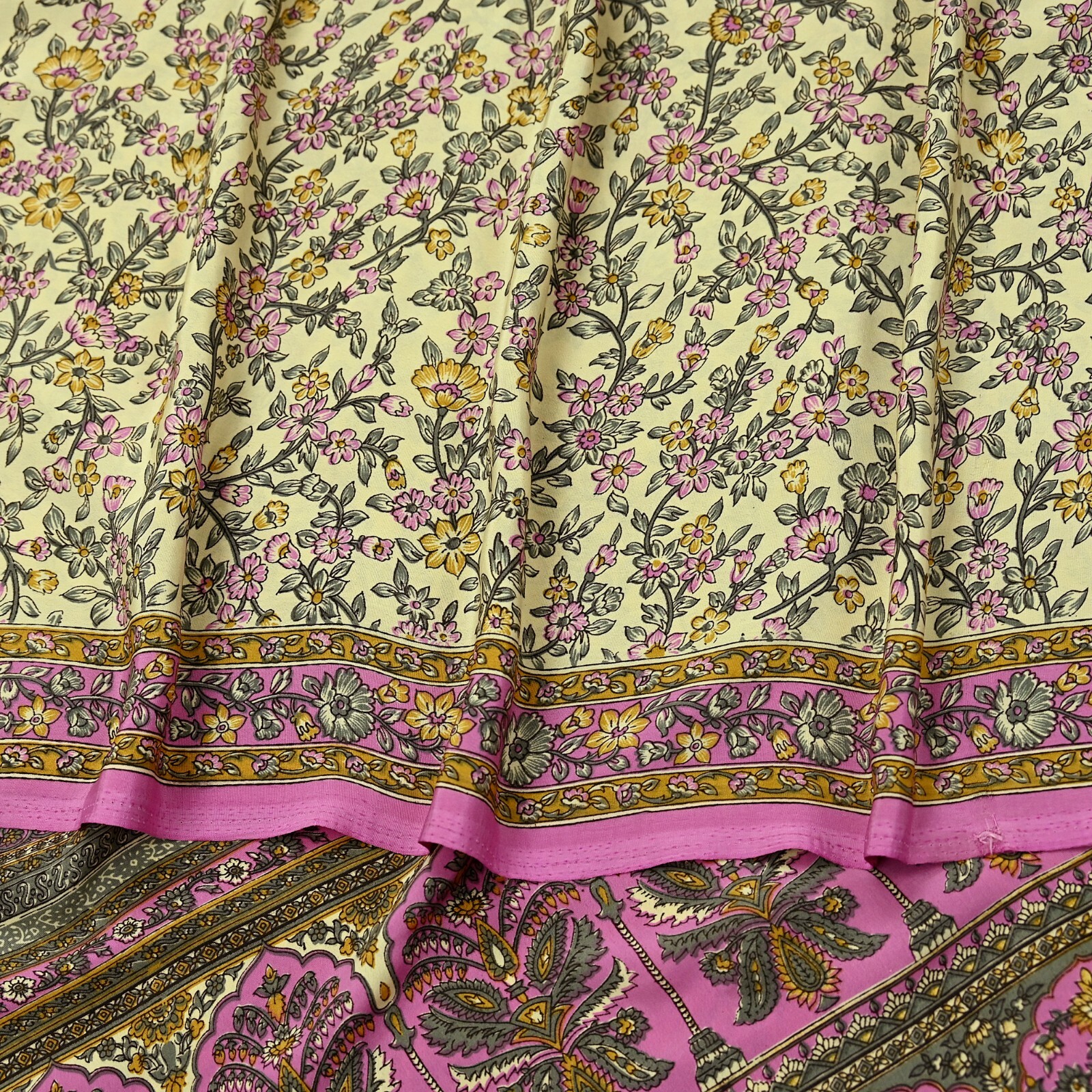 Vintage Sari Ivory & Pink Moss Crepe Printed Sarees 5yd Craft Fabric Sewing Soft