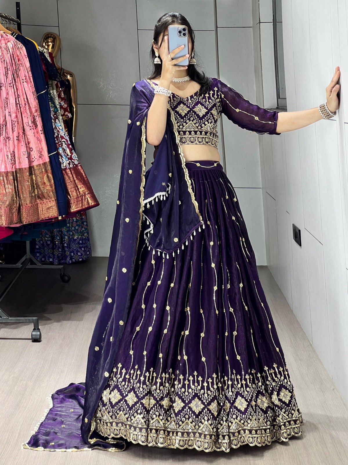 Designer Fendy Satin Lehenga Choli Set Beads Sequins Work Indian Ethnic Wear