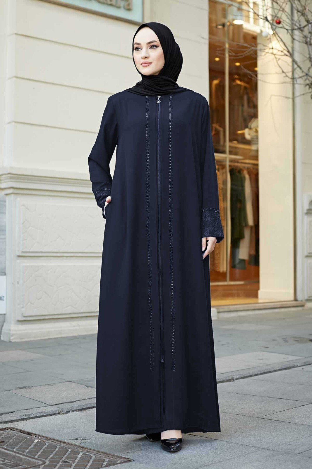 istanbulstyles Women’s Abaya Lace Applique Long Sleeve Floor Length Zipper Floor