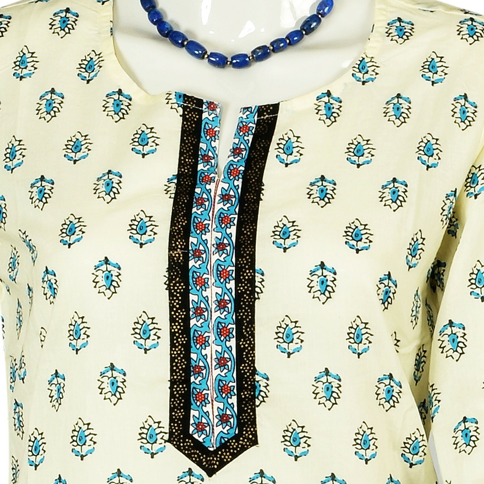 Srishti M-97cm Cotton Kurta fine Block Print Design Cream and Blue/ FREE SHIP