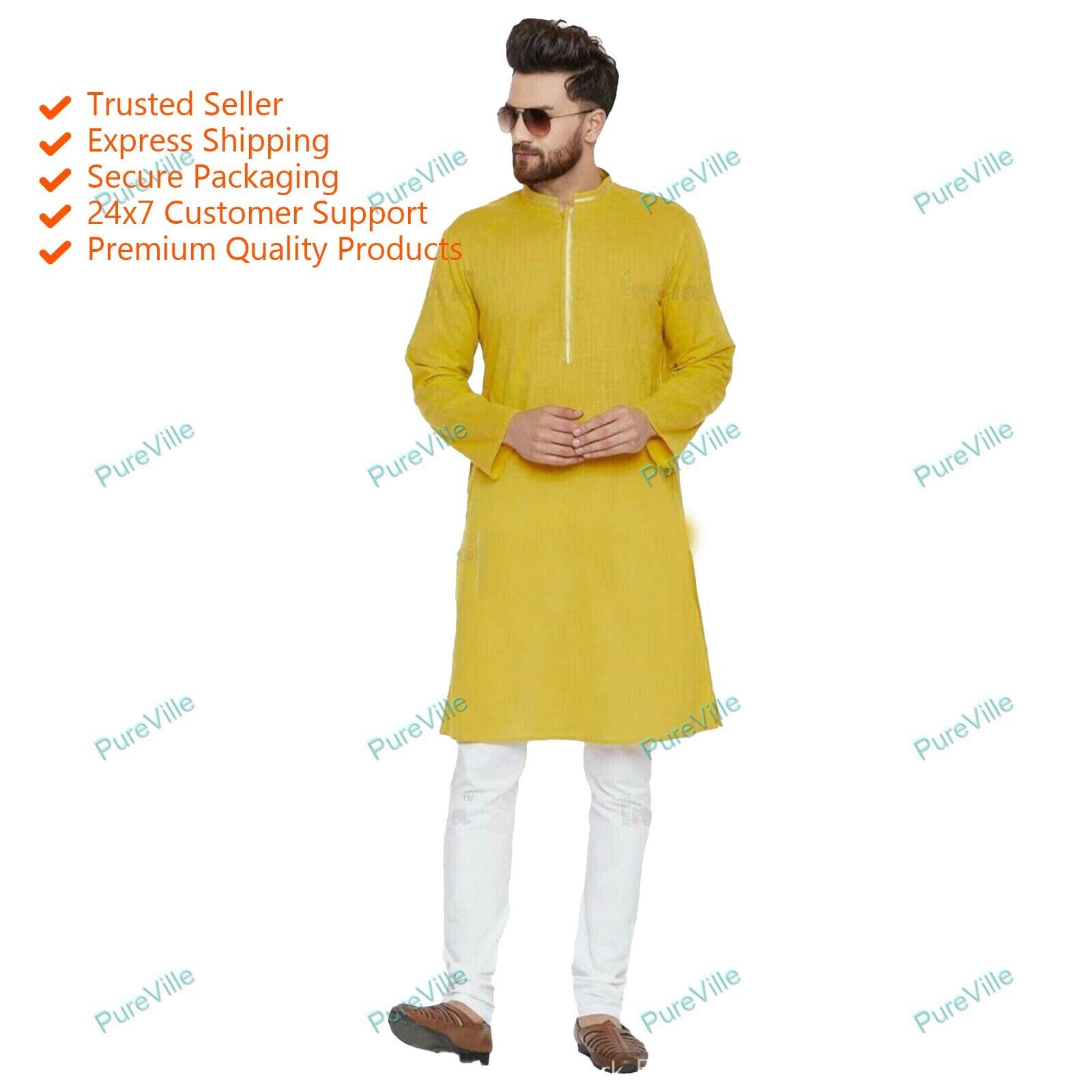 Mens Kurta Shirt Mens Wear Cotton Kurta Long Sleeve Kurta Color Yellow