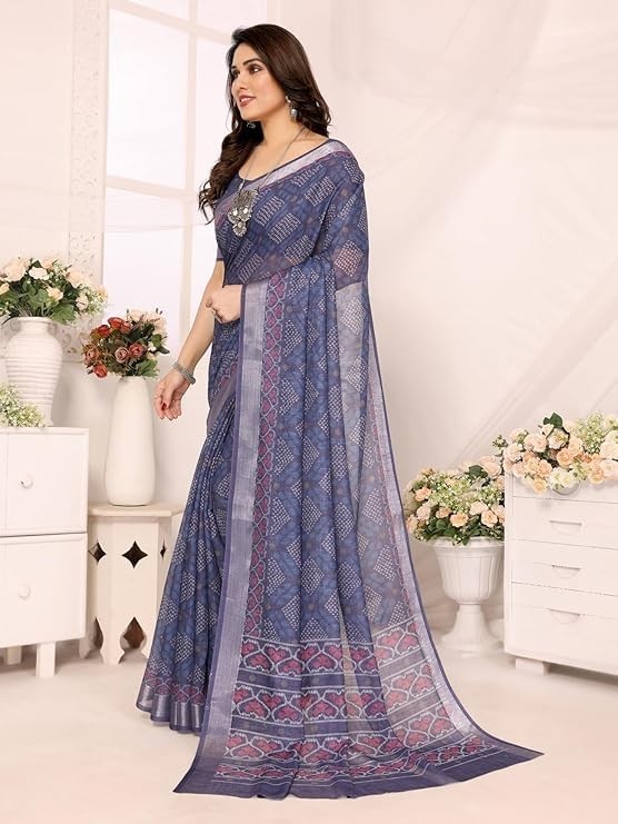 Women’s Striped Pattern Cotton Silk Saree and Unstitched Blouse Piece