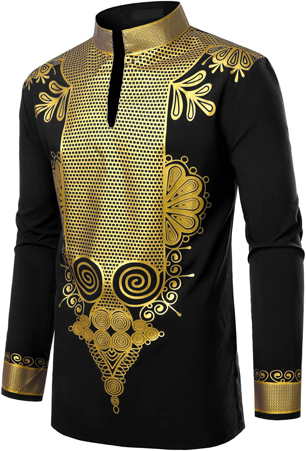 LucMatton Men’s African Dashiki Luxury Metallic Gold Printed Mandarin Collar Shi