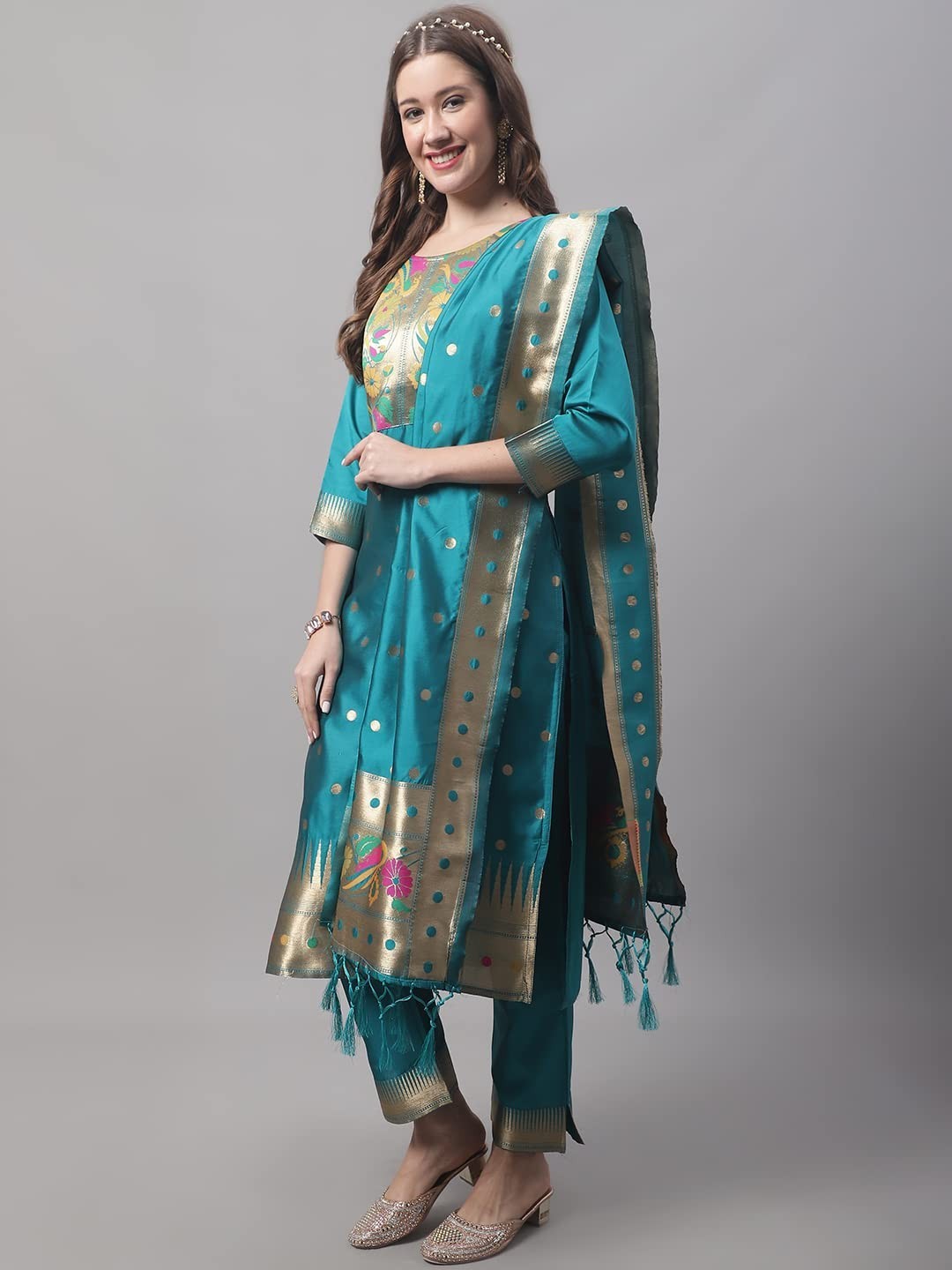 Women’s Cotton Silk Jacquard Straight Kurta with Pant & Banarasi Silk Dupatta