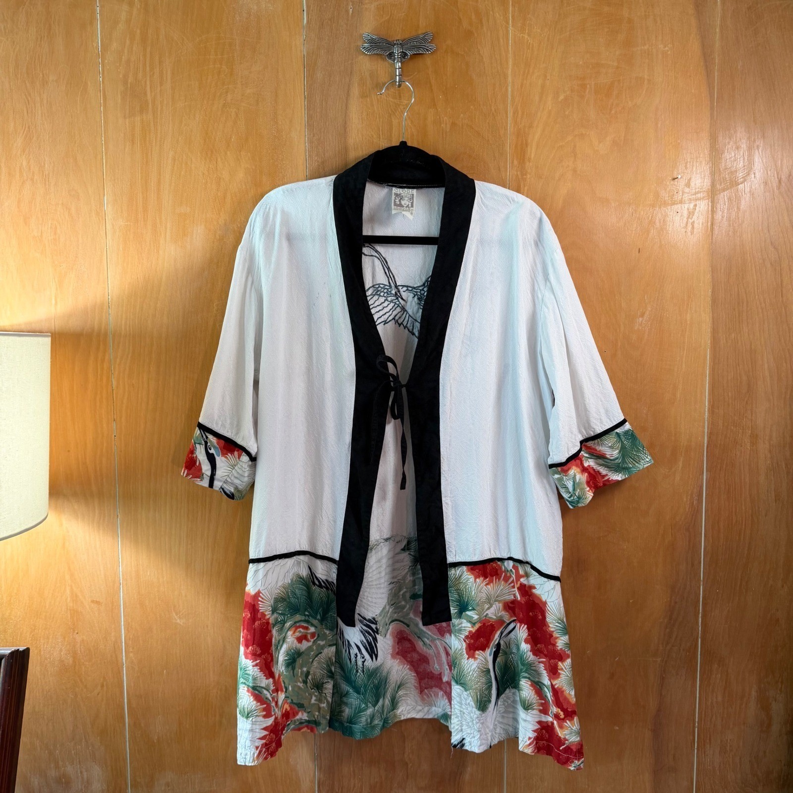 Vintage Globe Trotter Bali Rayon Kimono Jacket White Embroidered Crane Medium