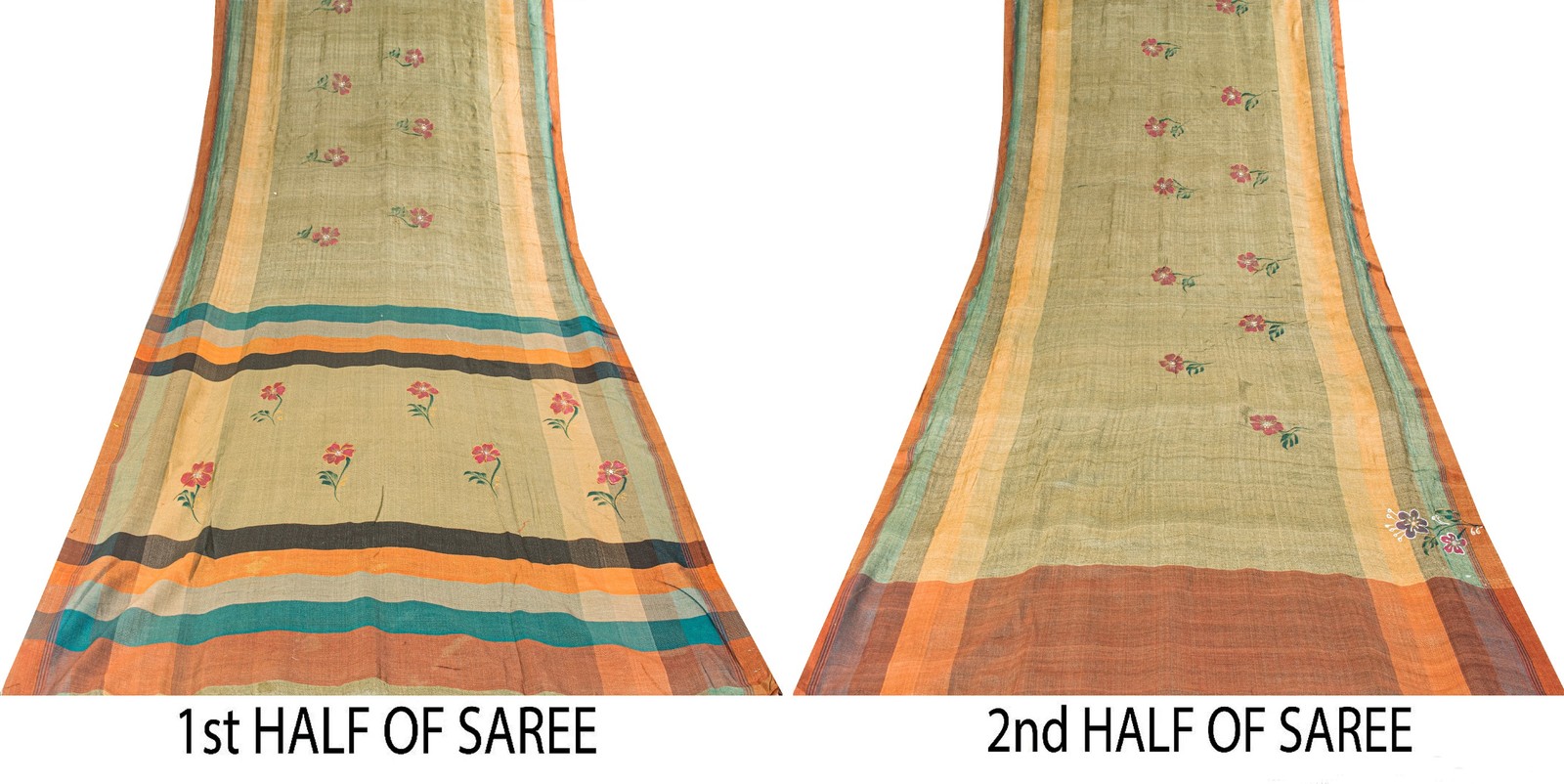 Sanskriti Vintage Green 100% Pure Woolen Saree Hand Paint Sari 6+Yd Craft Fabric