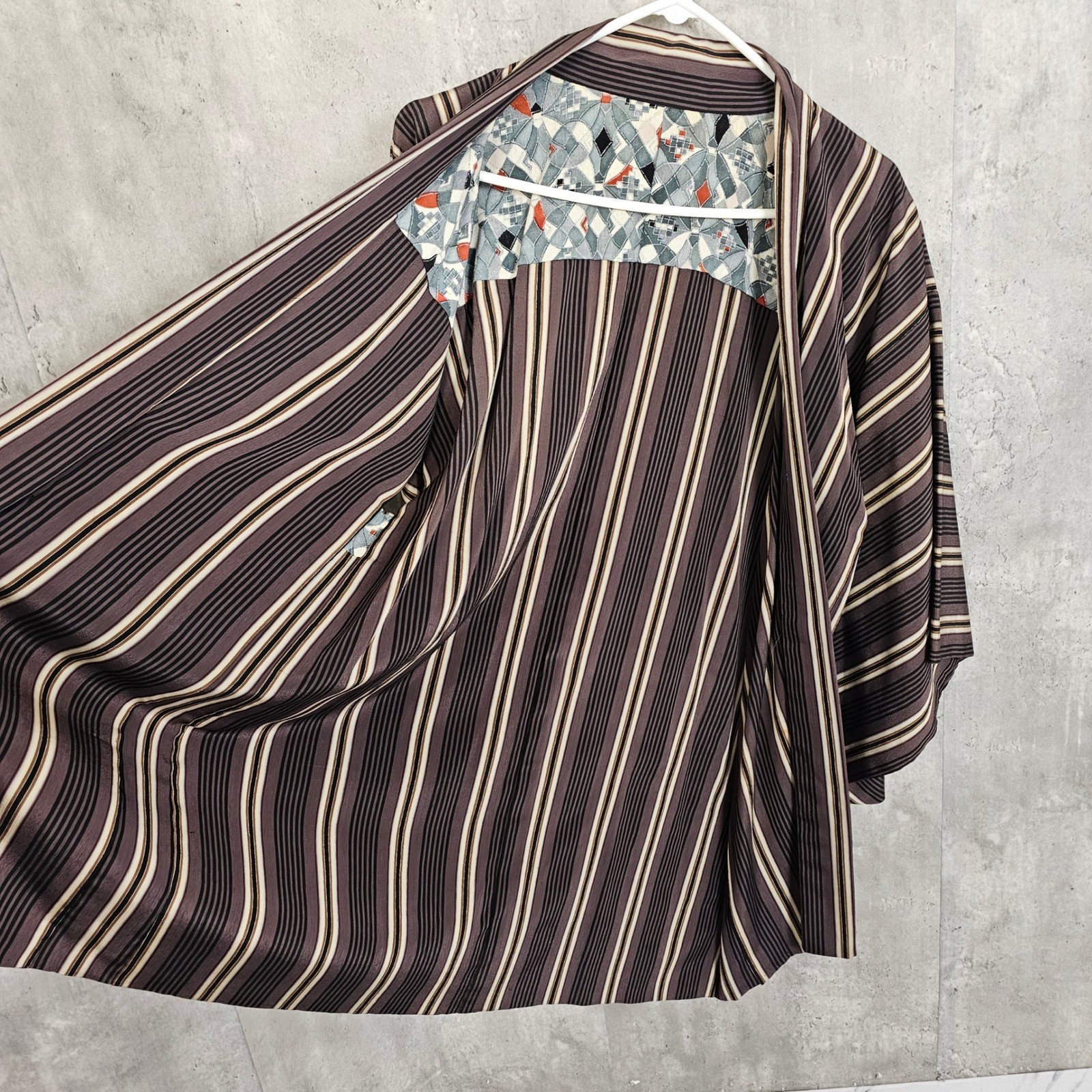 Vintage Japanese Haori Jacket Men’s Kimono Coat Brown Striped Lined Mid Century