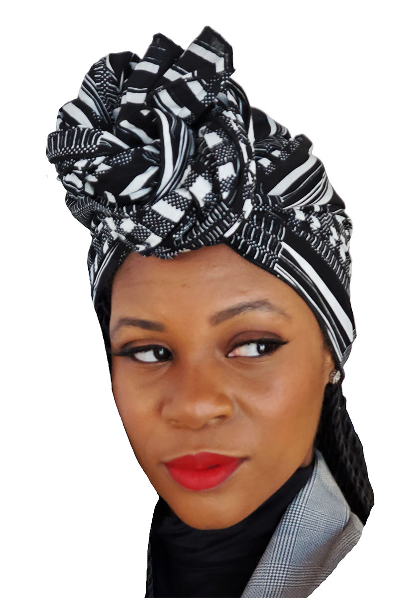 Black and white Kente African Print Head Wrap