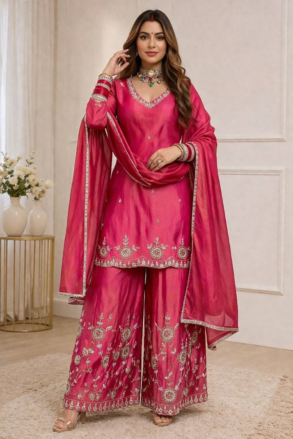New Latest Heavy Simmer Silk Pink Top Palazzo With Dupatta For Wedding Wear