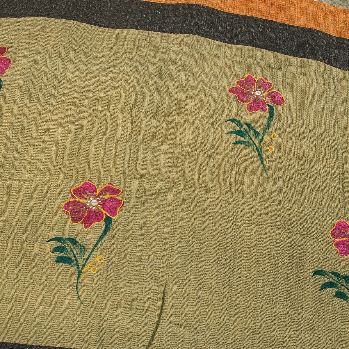 Sanskriti Vintage Green 100% Pure Woolen Saree Hand Paint Sari 6+Yd Craft Fabric