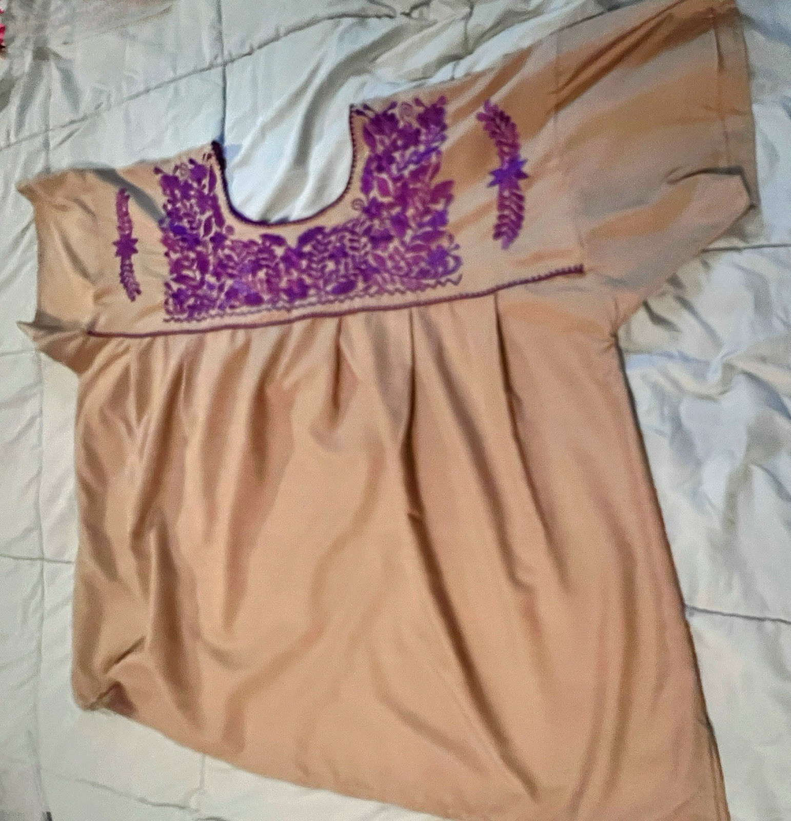 Handmade Beige Mexican Huipil Dress Cotton Blend with Purple Embroidery 3-4X