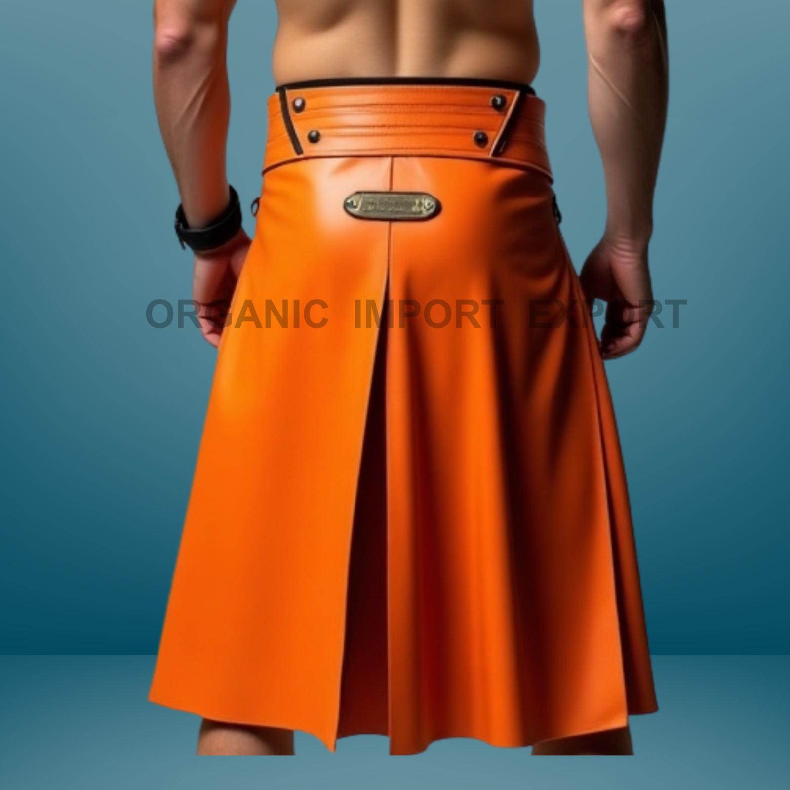 Men’s Orange Leather Utility Kilt – Gothic Streetwear Punk Fashion Skirt
