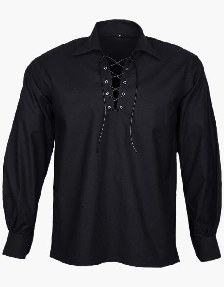 Men’s Black Scottish Jacobite Ghillie Kilt Highland Shirt Long Sleeve Lace Up